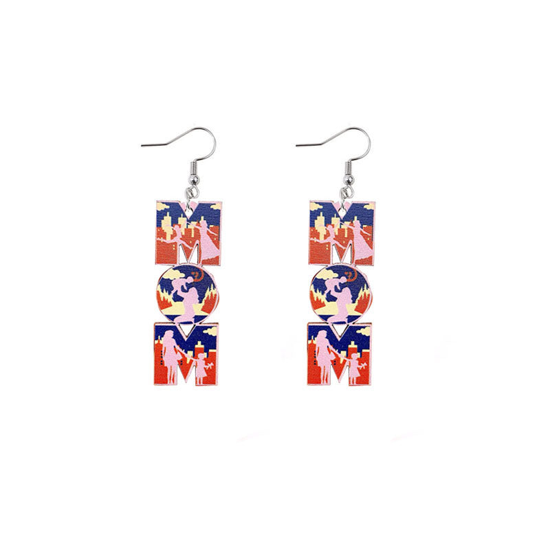Wholesale Mother's Day Mama Printed Wooden Earrings